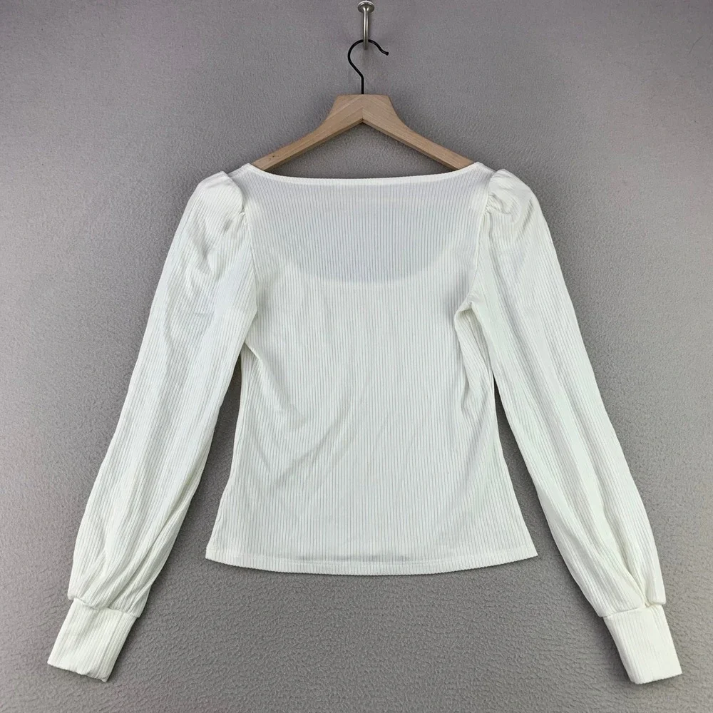 Reformation Jeans Vita Top Womens Small White Ribbed Puff Long Sleeve Scoop Neck